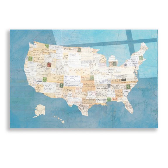 Epic Art 'Vintage USA on Blue' by Courtney Prahl, Acrylic Glass Wall Art, 16"x12"