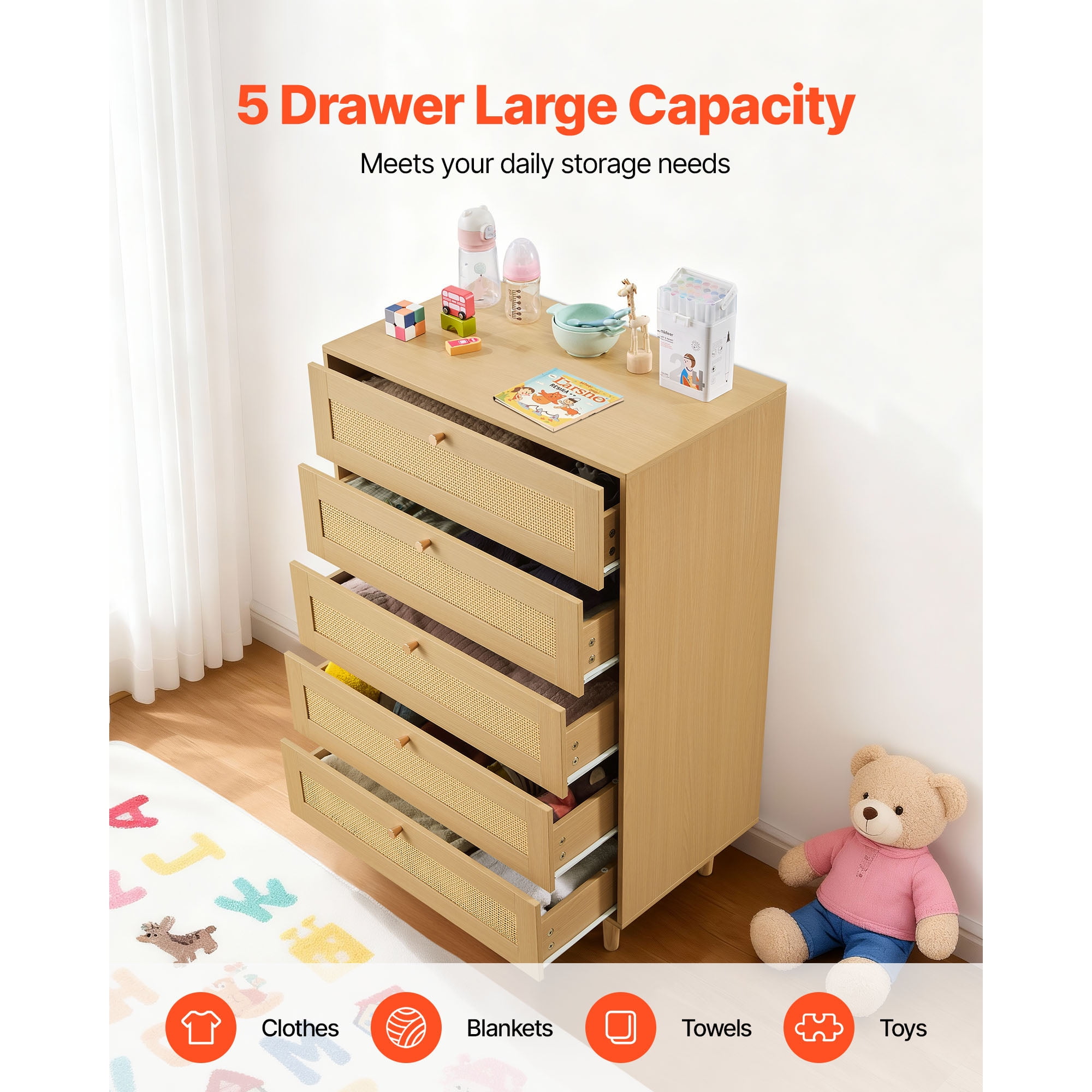 KFFKFF 5-Drawer Rattan Dresser with Metal Handles and Wooden Legs, Modern Storage Organizer for Bedroom, Living Room, or Hallway