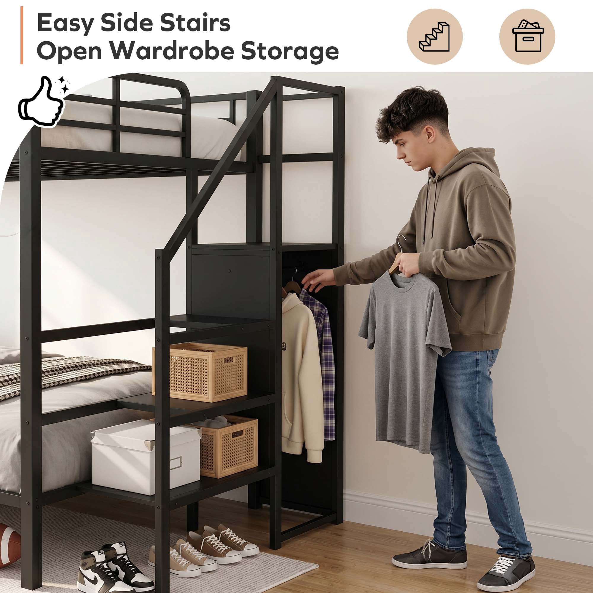 Miniyam Full Over Full Bunk Bed with Stairs, Storage and Charging Station, Metal Frame, Black