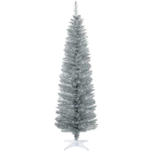 6ft Unlit Silver Pencil Christmas Tree 390 Tips Easy Assembly Plastic Base Small Space Holiday Decor