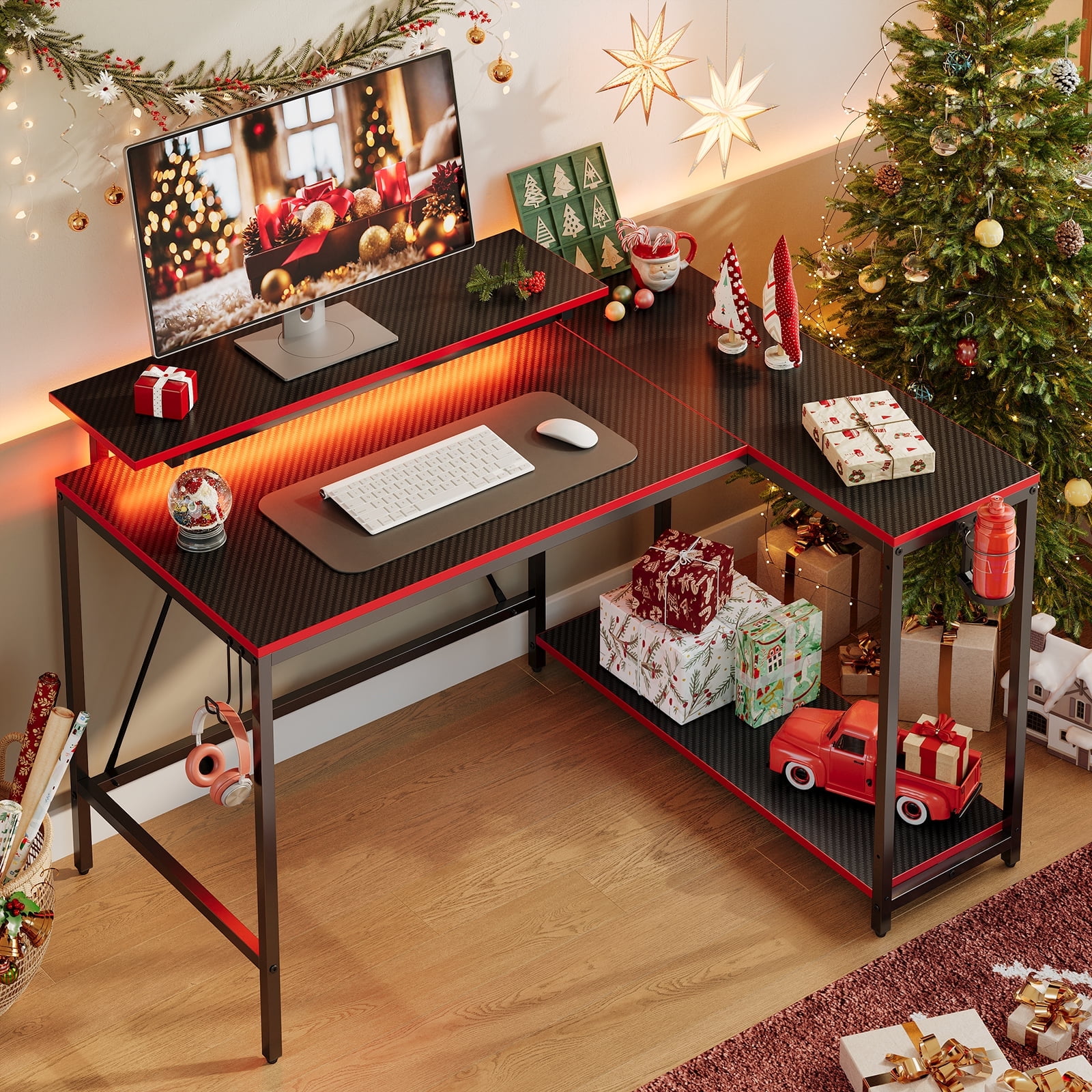Pinmoco 42" Reversible LShaped Gaming Desk with Monitor Stand, LED Lights& Headset Hooks, Home Offic(图3) Pinmoco 42" Reversible LShaped Gaming Desk with Monitor Stand, LED Lights& Headset Hooks, Home Offic(图3)