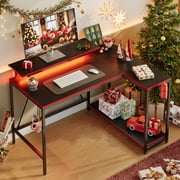 Pinmoco 42 Reversible L-Shaped Gaming Desk with Monitor Stand, LED Lights& Headset Hooks, Home Office, Carbon Fiber Black