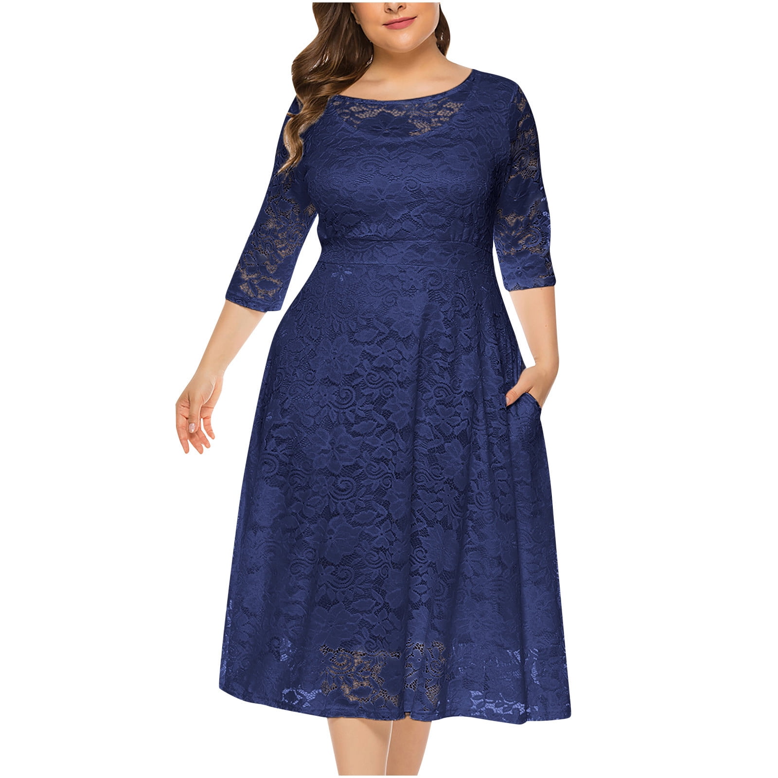Fesfesfes Plus Size Dress for Women Mesh Lace Splicing Semi Formal ...