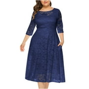 Fesfesfes Plus Size Dress for Women Mesh Lace Splicing Semi Formal Evening Dress Mother of the Bride Dress Oversized Elegant Solid Knee Length Dress with Pocket