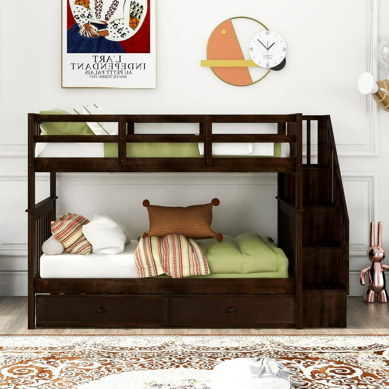 Twin bunk bed with trundle best sale and stairs