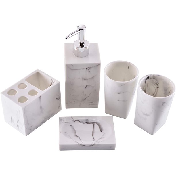 DecorX Bathroom Accessories Set White, 5 Piece Resin Bathroom Accessories Set with Soap