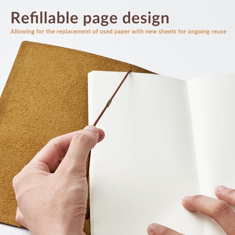 Refillable Leather Journal, 144 Pages – Travelers Notebook with Unlined Inserts & Zipper Pocket, for Artist, 8"x4.8", Dark Brown