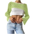 thumbnail image 2 of Ounisa Women Hollow Out Sweater Crop Flounce Off See Through Crochet Top Trumpet Long Sleeve Knit Top, 2 of 5