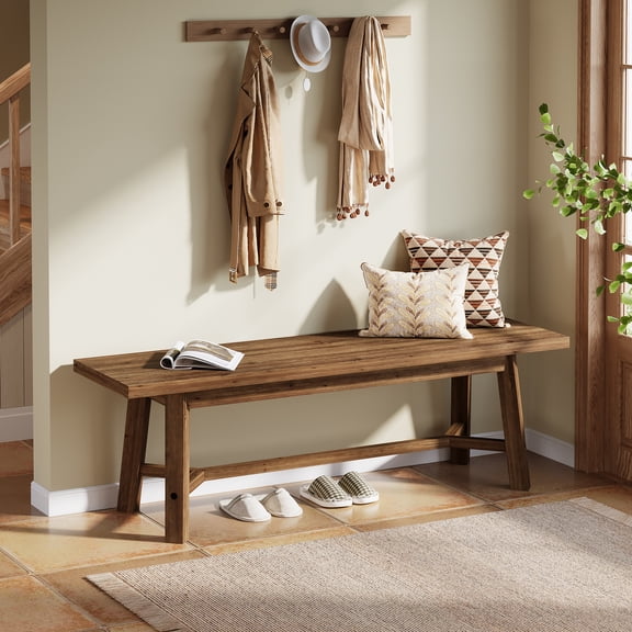 Finmind 55 inch Solid Wood Shoe Bench for Entryway, Farmhouse Long Bench Seat for Hallway, Living Room, Dark Brown