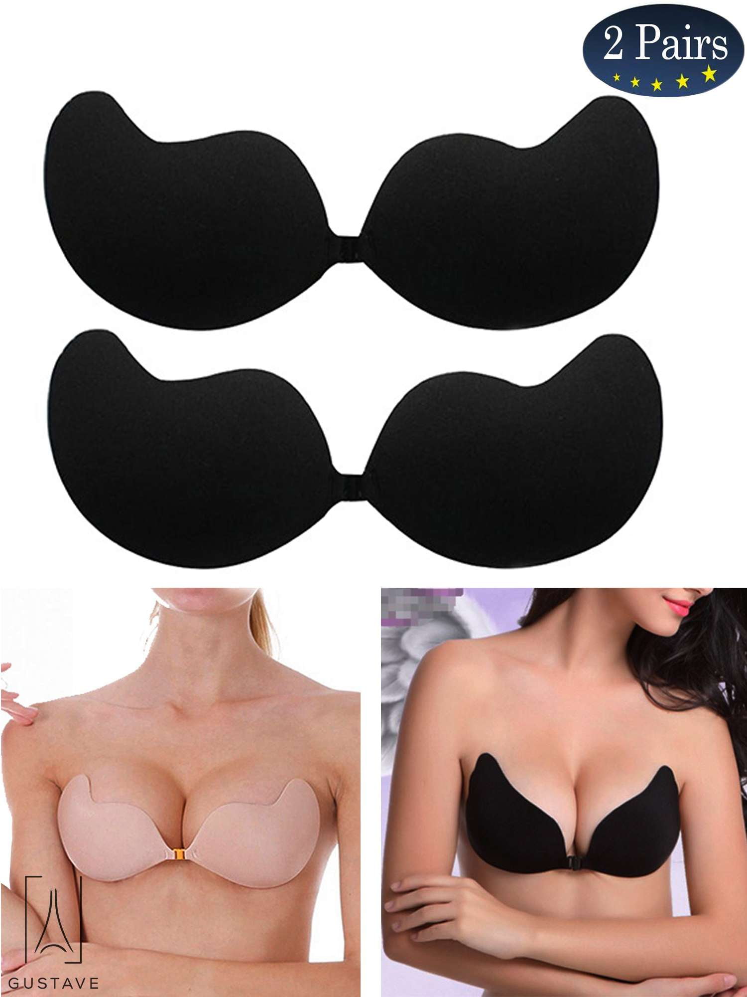GustaveDesign 2 Pack Women Push Up Strapless Invisible Bra Backless  Adhesive Sexy Seamless Bra Breast Life Nipple Cover D Cup,Black + Skin 