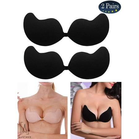 Gustave 2 Pack Women Push Up Strapless Invisible Bra Backless Adhesive Sexy Seamless Bra Breast Life Nipple Cover  B Cup Black