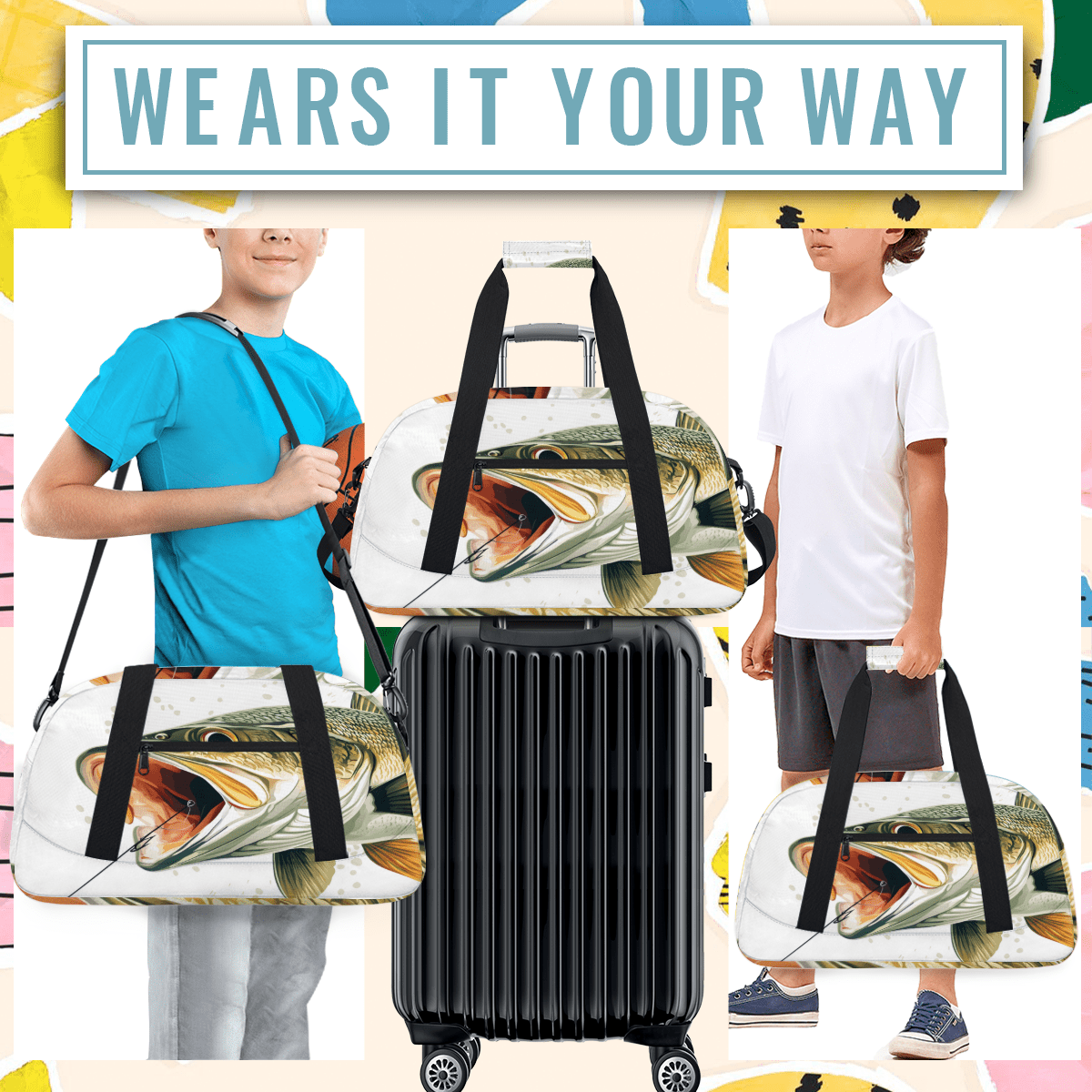 Herdesigns Fish Sports Duffle Bags Travel Duffle Bag Gym Bag Funny Fishes Weekender Travel Bag Waterproof Overnight Bag Carry On Travel Tote Bag Dance Bags