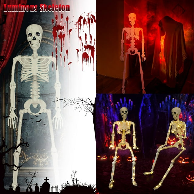 NAOJIE 35 Inches LED Light Up Halloween Skeleton Full Body Posable Movable Jonints for Halloween Decoration Décor