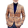 thumbnail image 3 of Chaqueta de traje a cuadros para hombre, corte entallado, cuello de solapa, botón, abrigo de traje para hombre, trajes casuales para oficina de negocios, marrón L, 3 of 4
