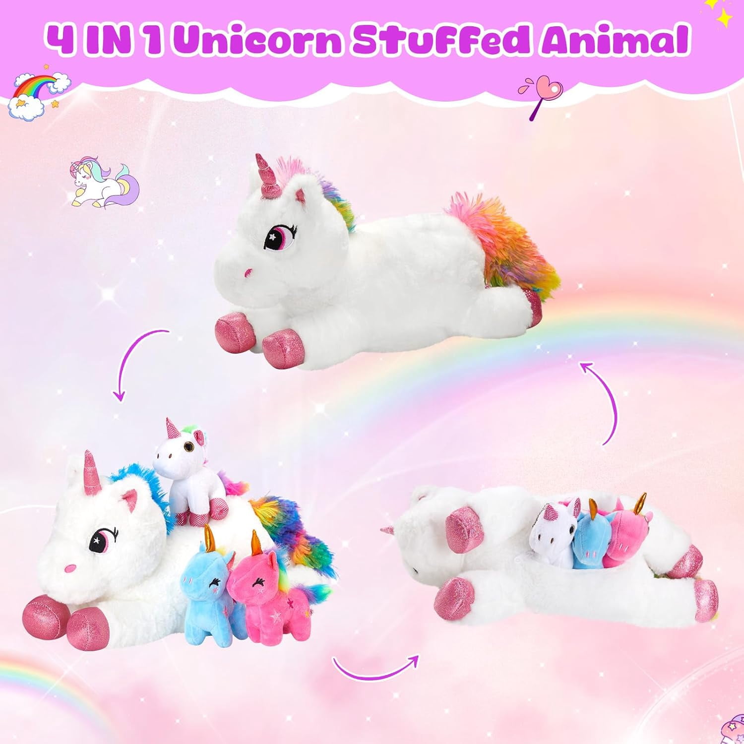 Houwsbaby Unicorn Mommy Stuffed Animal with 3 Babies Inside,4 in 1unicorn Plush Toy,Present for Boys Girls Kids Birthday Festival Christmas