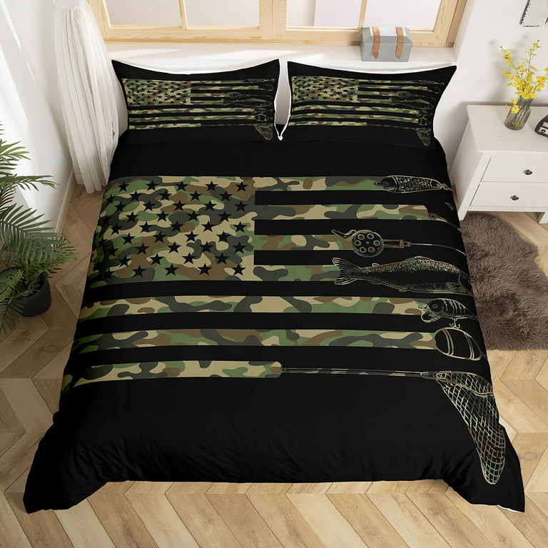 YST Camo Fishing Bedding Set For Boys Queen,Army Green Camouflage American  Flag Comforter Cover Big Bass Pike Fish Duvet Cover Fishing Rod Net Quilt