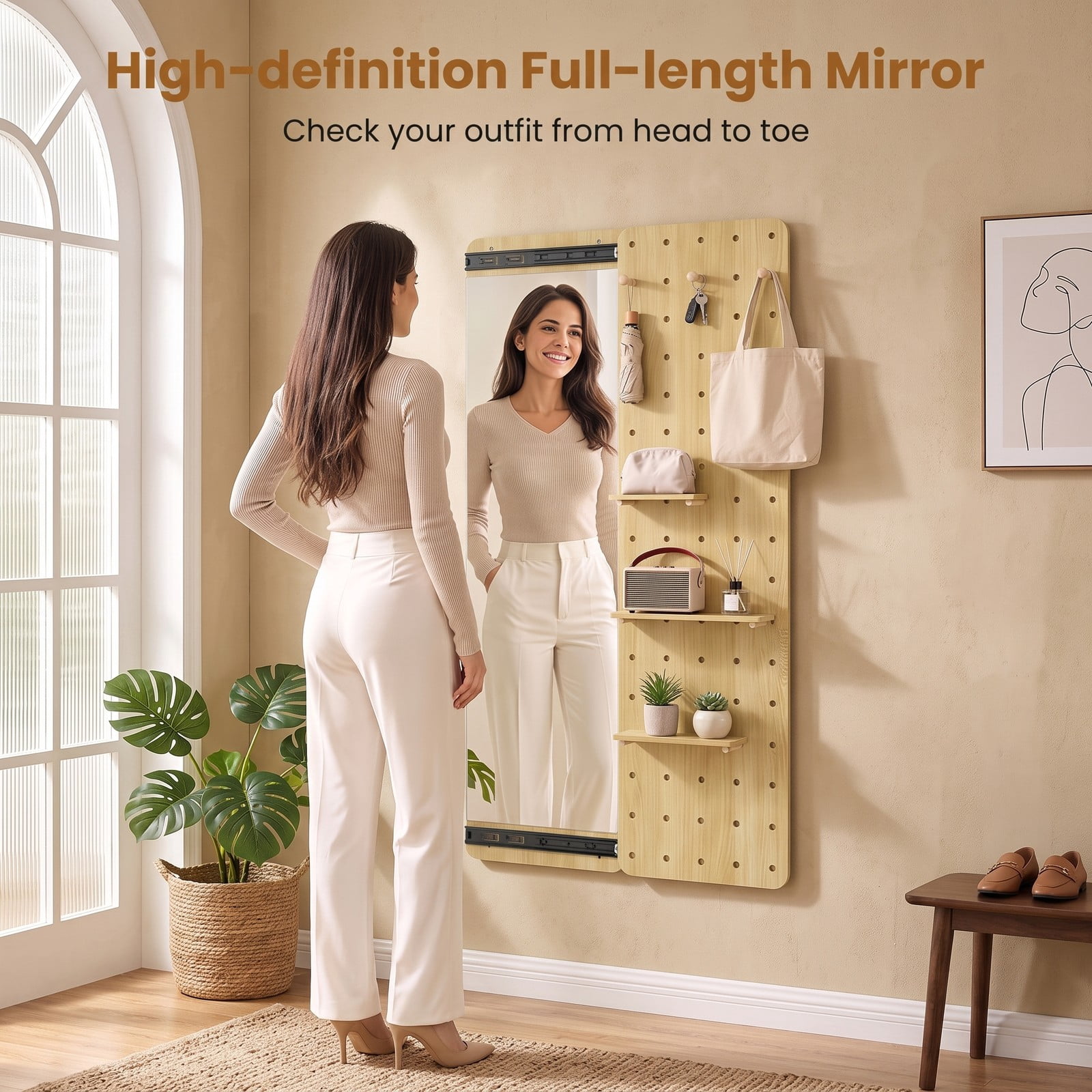 ALPULON Solid Wood Full Length Mirror with Sliding Pegboard, Shelves and 3 Hooks, Wall Mounted HD Floor Mirror for Entryway Bedroom Closet, Natural