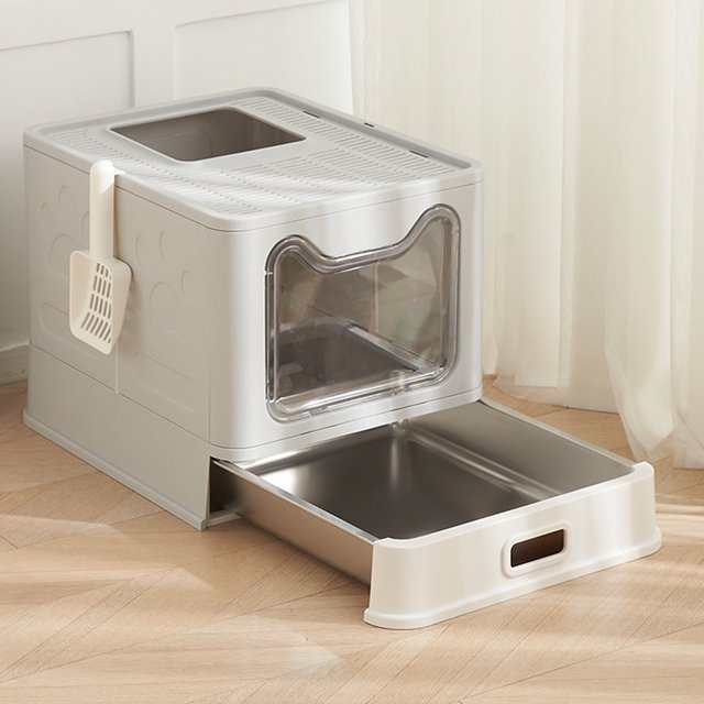 Enclosed Cat Litter Box, XL Stainless Steel Cat Litter Box with Lid, Front Door Flap and Scoop, Drawer Style Hooded Kitty Litter Box Foldable, Anti Splashing, Easy to Clean