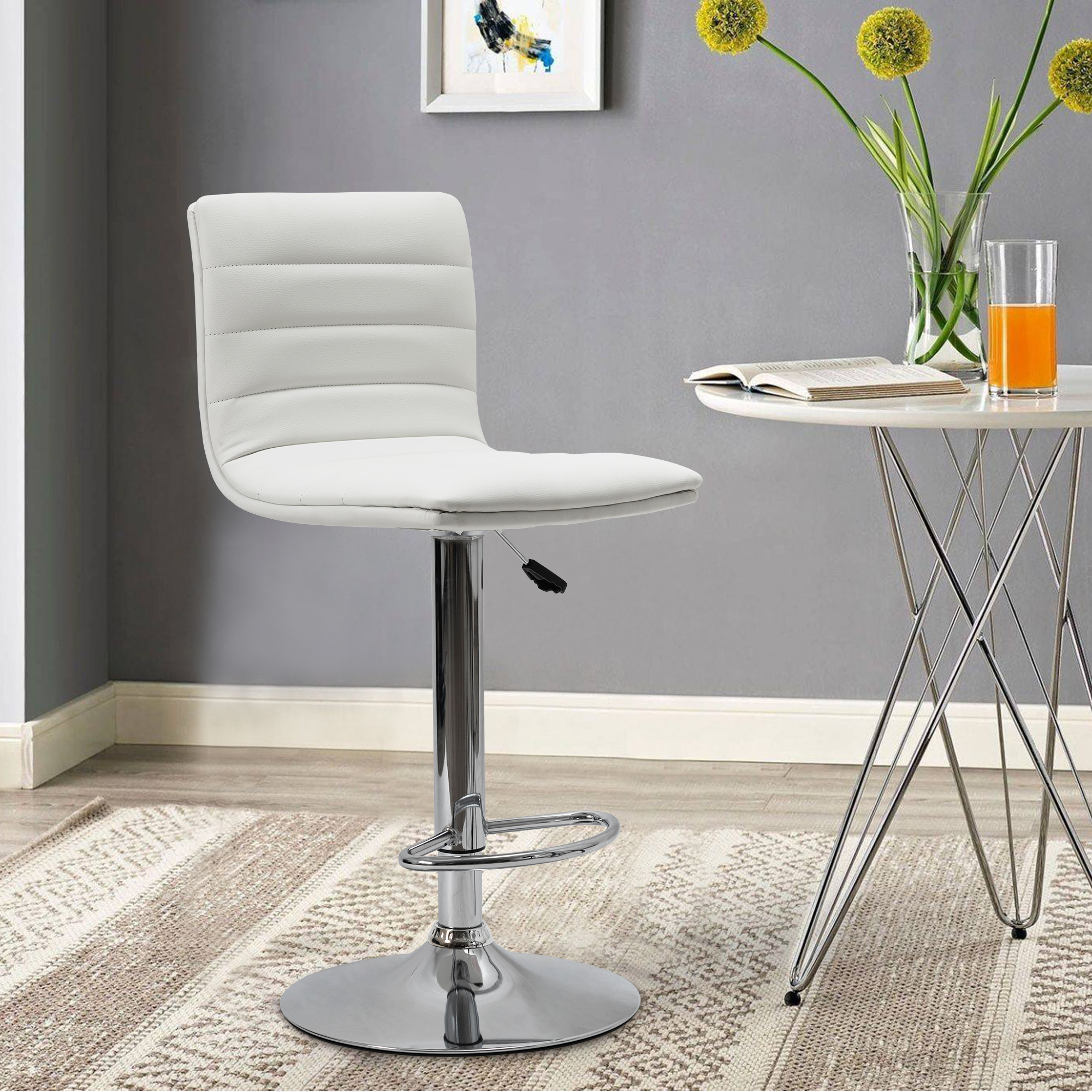 Set of 2 Bar Chairs Height Adjustable Counter Bar Stools with Cushion White
