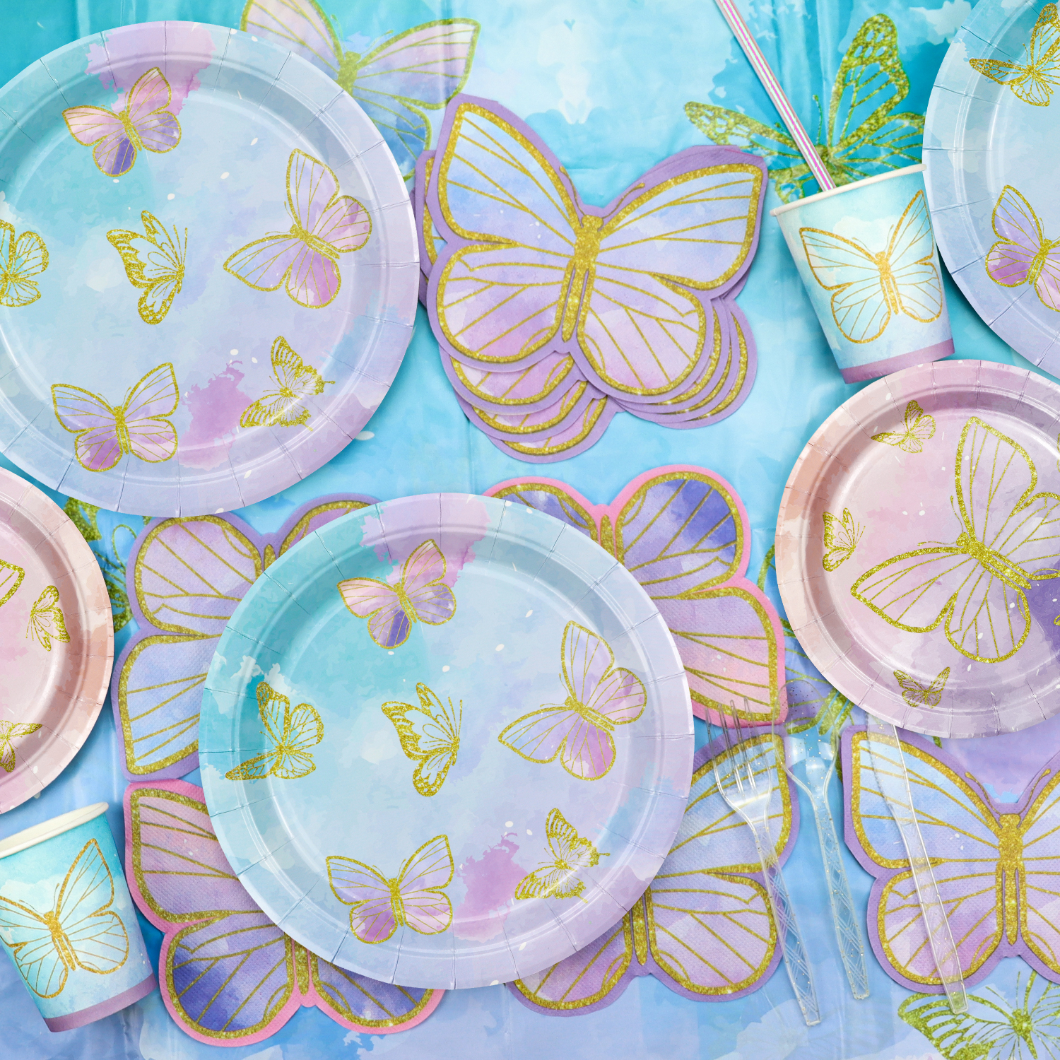 166 Pcs Butterfly Birthday Decorations - Including Butterfly Paper Plates, Napkins, Cups, Tablecloth and Straws for Fairy Birthday Decorations Butterfly Birthday Party Supplies, Serve 20 - image 5 of 7