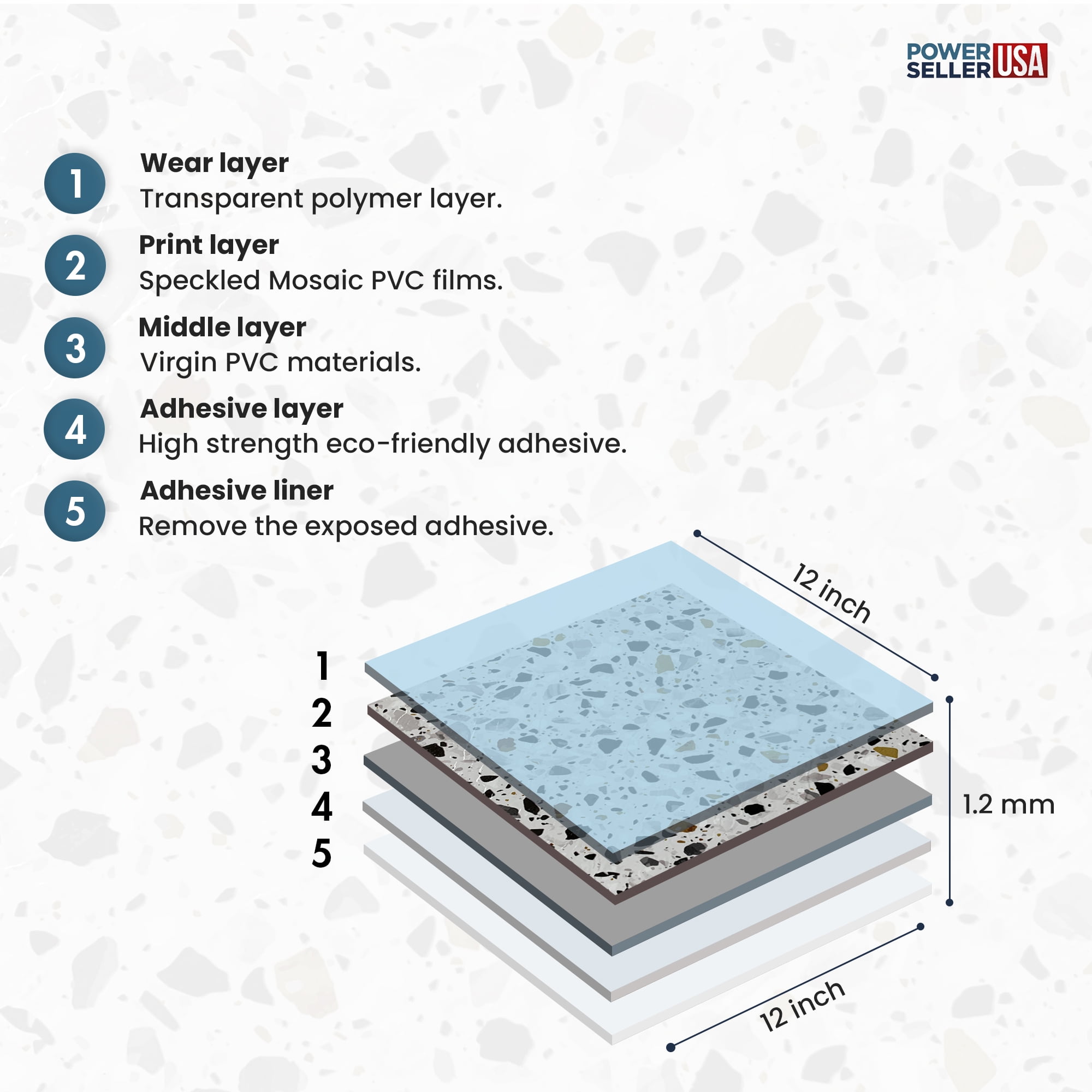 PowerSellerUSA Vinyl Self Adhesive Floor Tiles, 20 Pcs 12 x 12 inches Contemporary Mosaic Pattern Peel and Stick Floor Tile Stickers, Square Flooring Tiles for Kitchen, Bedroom, and Bathroom