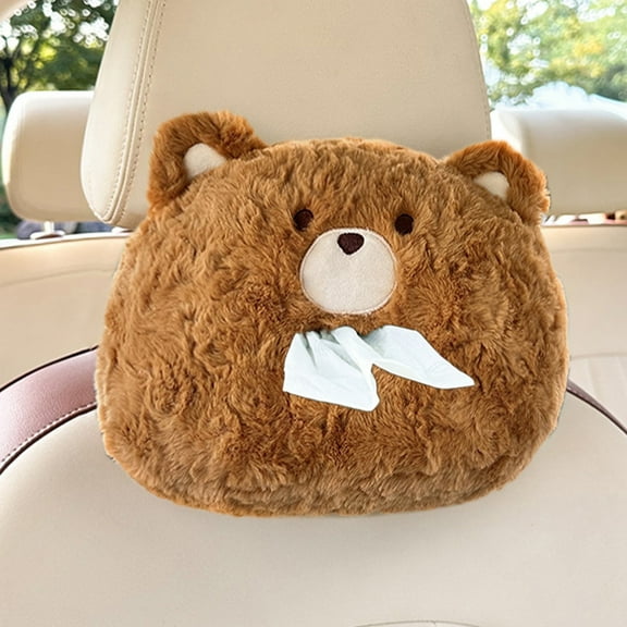 AuroraX Brown Tissue Box Cover Modern Cute Decorative Napkin Holder Hanging Funny Fleece Plush Bear Paper Organizer Dispenser for Car Headrest Decoration