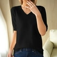 thumbnail image 2 of Black Spring Shirts for Women 2024, Elbow-Length Tshirts Shirts for Women Graphic, Cotton Blouses for Women Business Casual, Women's Fashion Sweater V Neck Half Sleeve Loose Base T Shirt Top, 2 of 9