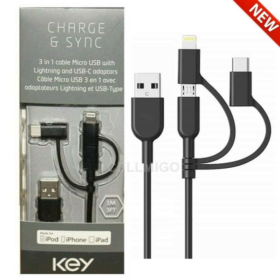 KEY Charge & Sync (1M/3FT) 3-in-1 Cable Micro USB w/ Lightning & USB-C Adaptors