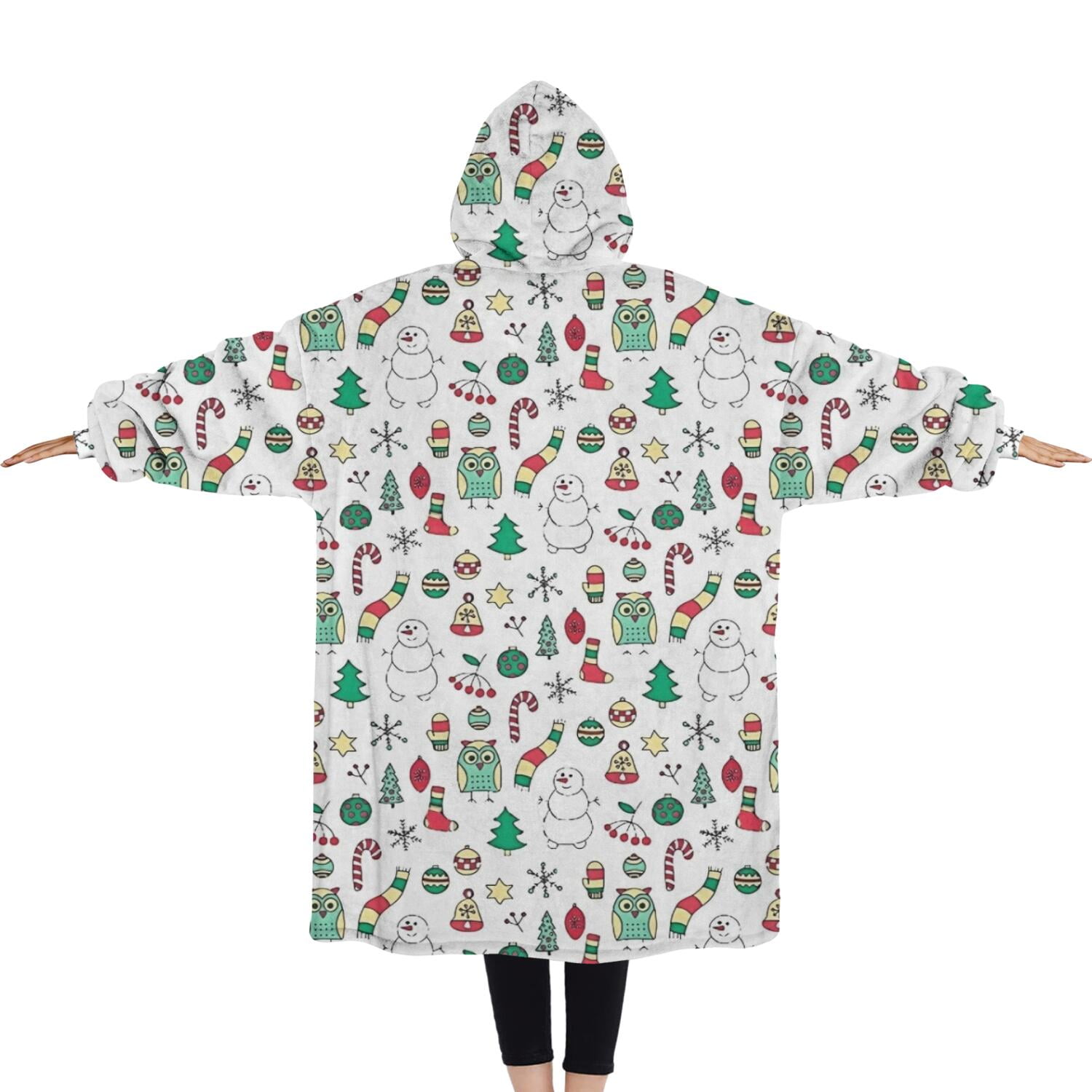 Oversized Wearable Blanket Hoodie,White Christmas Icon Pattern Sherpa Blanket Hoodie with Super Pockets,Super Warm Fuzzy Pullover for Women & Men