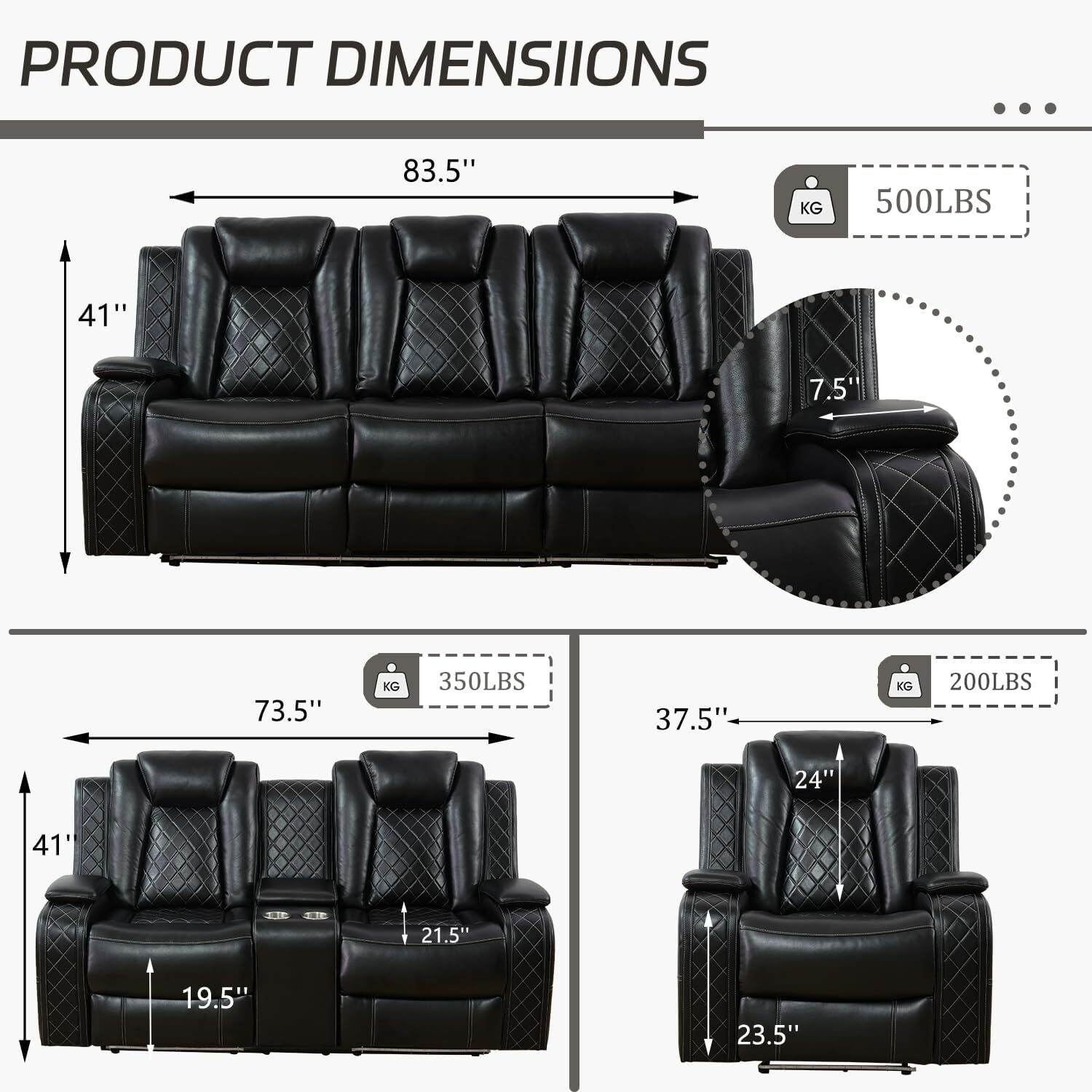 Aukfa 3 Pieces Power Recliner Sofa Couch with Wireless Charging and Reading Light for Living Room,Black