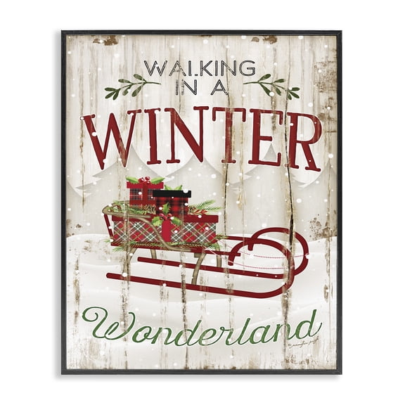 Stupell Industries Winter Wonderland Red Sleigh Wood Texture Christmas Word DesignFramed Wall Art By Artist Jennifer Pugh