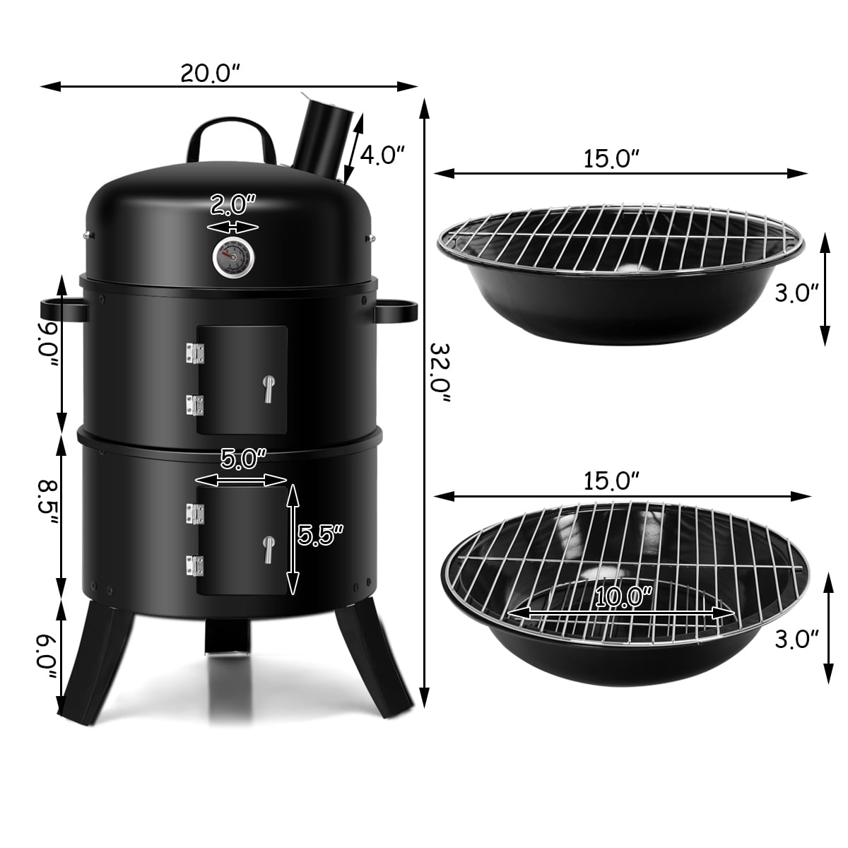 Costway 3-in-1 Portable Round Charcoal Smoker Vertical BBQ Grill Built-in  Thermometer