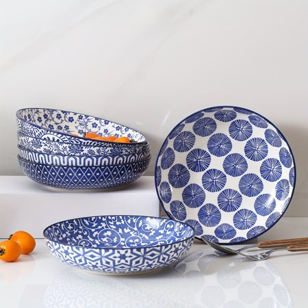 [NICE1 Ceramic Pasta Bowls] 6pcs NICE1 Ceramic Pasta Bowls | 26 Ounce, 8 Inch Salad & Serving Bowls, Microwave & Dishwasher Safe, Vintage Blue - Set Of 6