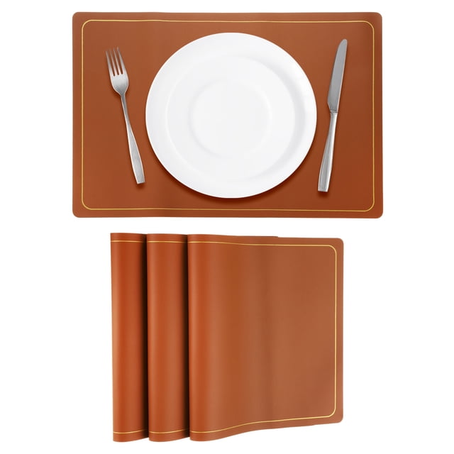 4 Pcs Manteles Individuales de Cuero Sintético para Mesa de Cena, Manteles Rectangulares Resistentes al Calor (Línea Dorada Marrón)