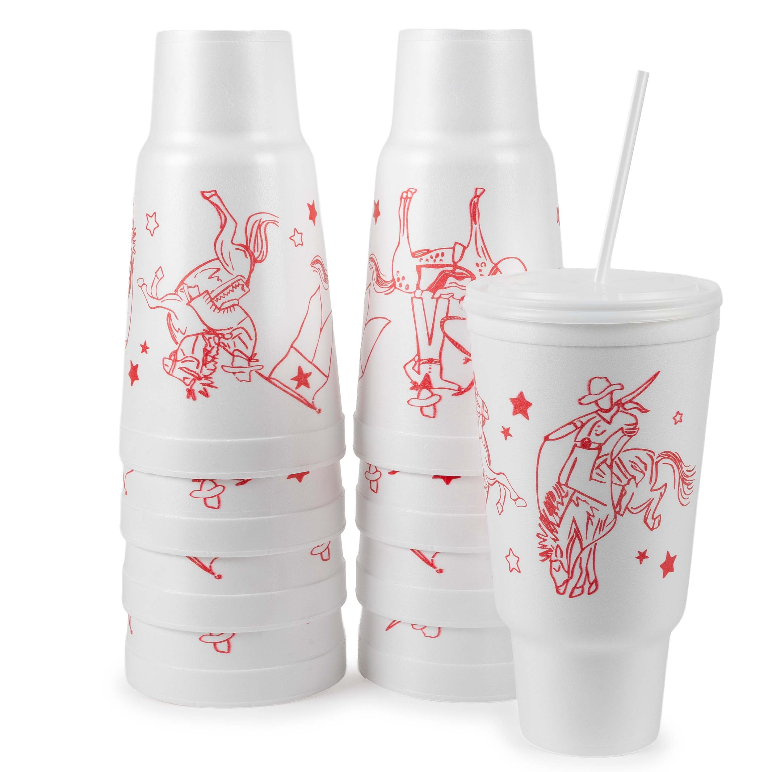 Social Butterfly Disposable Foam Cups with Lids and Straws, 44 oz, Cowboy Design, 8 Count