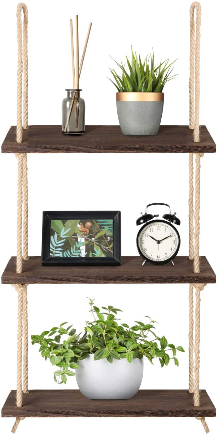 Home Wall Mounted Rope Wooden Hanging Storage Rack Floating Shelf Display Decor 