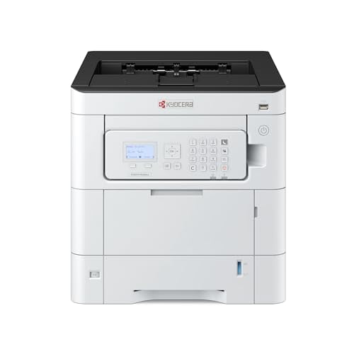 impresora láser color kyocera ecosys pa3500cx de 37 ppm, 1200 dpi, gigabit ethernet, lcd de 5 líneas con panel de control de teclas físicas, capacidad para 650 hojas — vista frontal centrada de la impresora blanca con bandeja superior negra; panel con pantalla LCD de 5 líneas y teclado físico numérico a la derecha, botón de encendido y puerto USB frontales, ranura de salida de papel inferior y logotipo Kyocera en el panel. Suele usarse como impresora de oficina para manejo de volúmenes medianos.