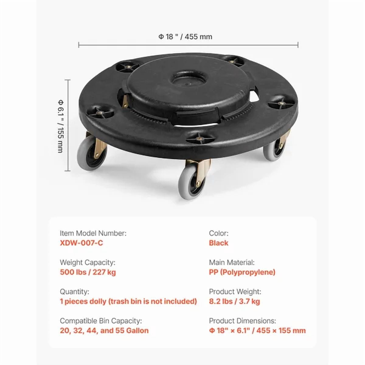 Trash Can Dolly, 500lbs Heavy Duty - Fits 20-55 Gallon Round Bins, Swivel Casters, Twist Lock