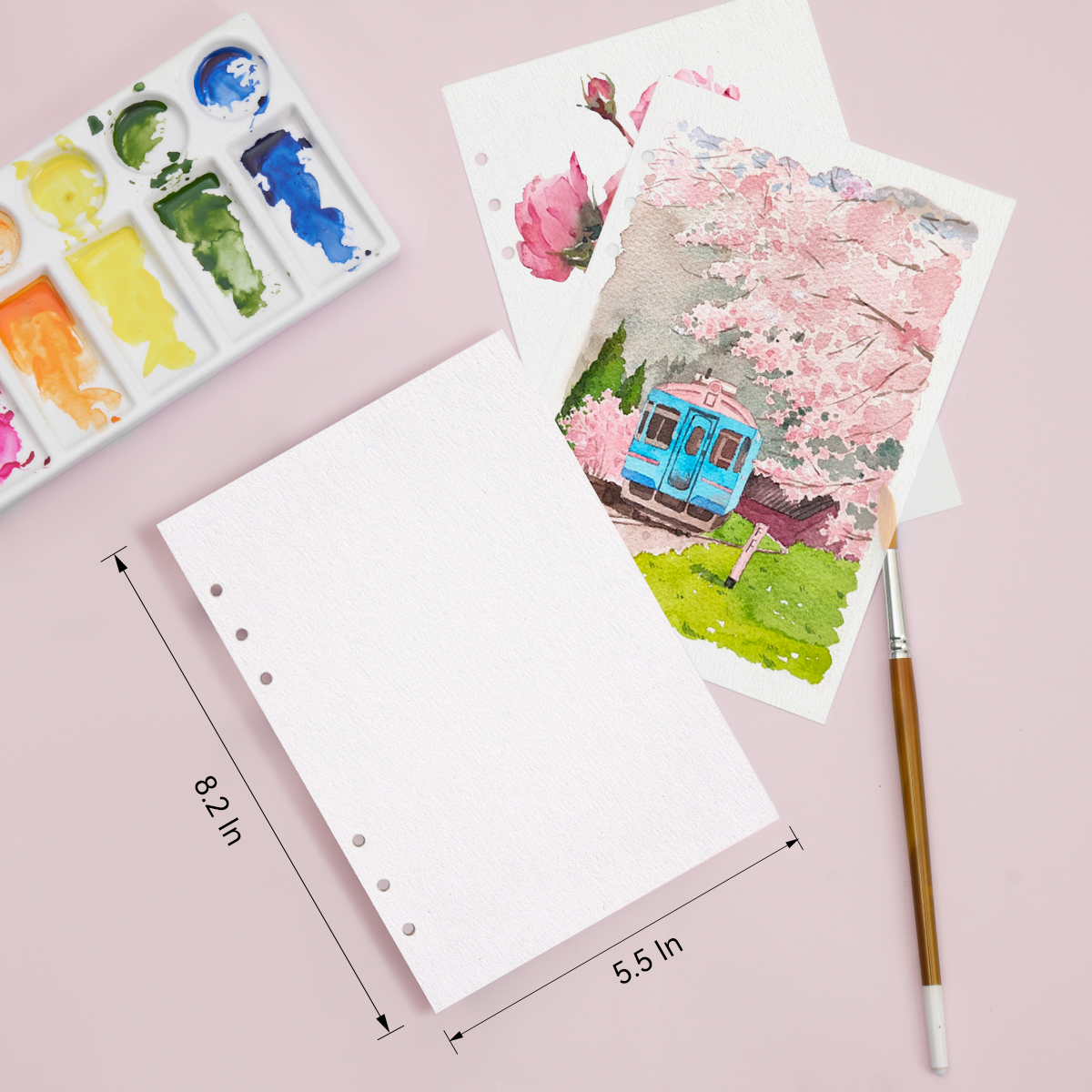 Lightwish Watercolor Paper Bulk, 2 Pack Total 40 Sheets, 100% Cotton 140lb/300g Cold Press 5.5 x 8.2 '' A5 Hole-Punched Replaceable Paper
