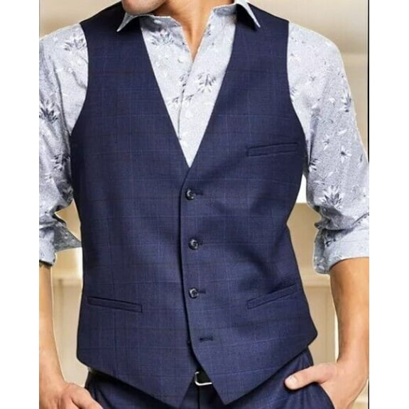 Bar III Men's Slim-Fit Wool Suit Vest, Navy Plaid, L