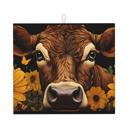 

Dish Drying Mats for Kitchen Counter - Sunflower Butterfly Cow 16x18In Anti-Slip Absorbent Microfiber Drying Mat for Kitchen Counter Mat Dish Rack Mat with Hanging Loop