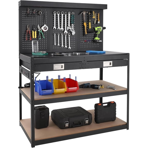 48 x 24 Inch Heavy Duty Workbench with Pegboard, 2 Drawers & 3-Tier Storage, 1000LBS Metal Garage Work Table with Power Outlets for Workshop Organization