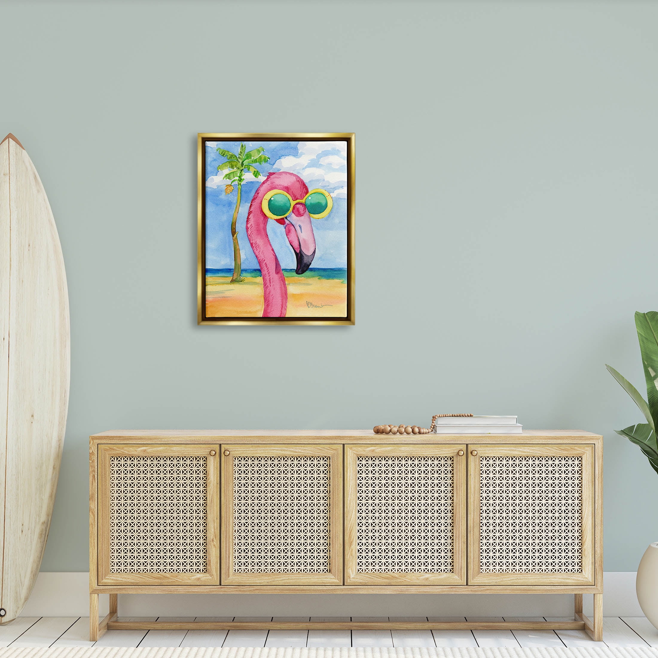Stupell Industries Looking Good Flamingo Tropical Painting Metallic Gold Floating Framed Canvas Print Wall Art, Design by Paul Brent