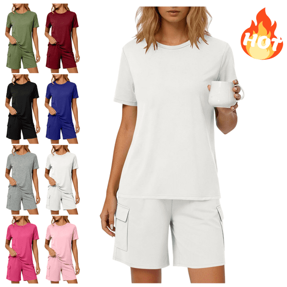 Mifsaly Cotton Sets for Women 2 Piece Summer Short Sleeve Crewneck T-Shirt and High Waisted Cargo Shorts with Pockets Matching Lounge Outfits White,XL