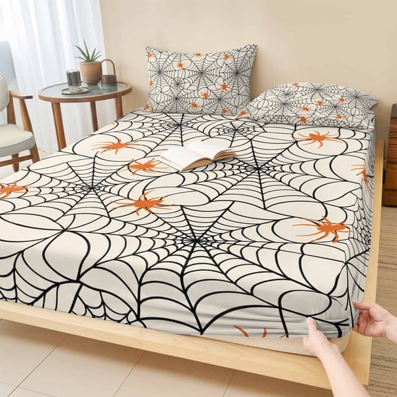 Queen Size Fitted Sheet Set - Halloween 3 Piece Bedding Sets 16" Deep Pocket Fitted Sheet with 2 Pillowcases, Orange Black Net Classic Spiders Gingham Brushed Microfiber Hotel Luxury Bed Sheets