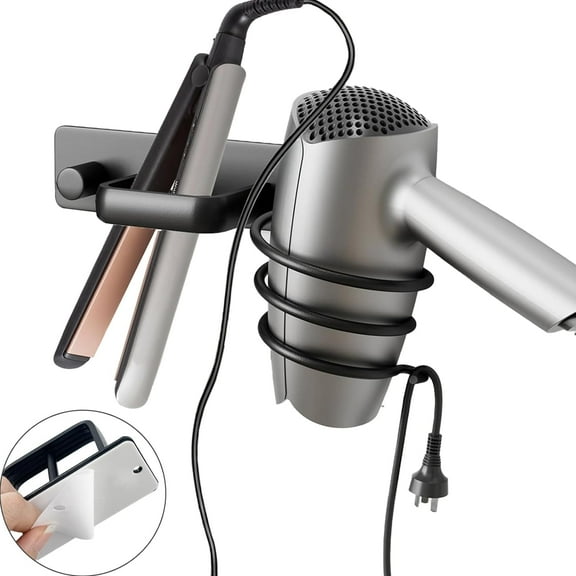 Hair Dryer Holder - Hair Dryer Wall Mount, Aluminum Hair Tool Organizer Wall Mount with Self Adhesive and Drilling Install Options, Flat Iron/Curling Iron/Straightener Holder for Bathroom