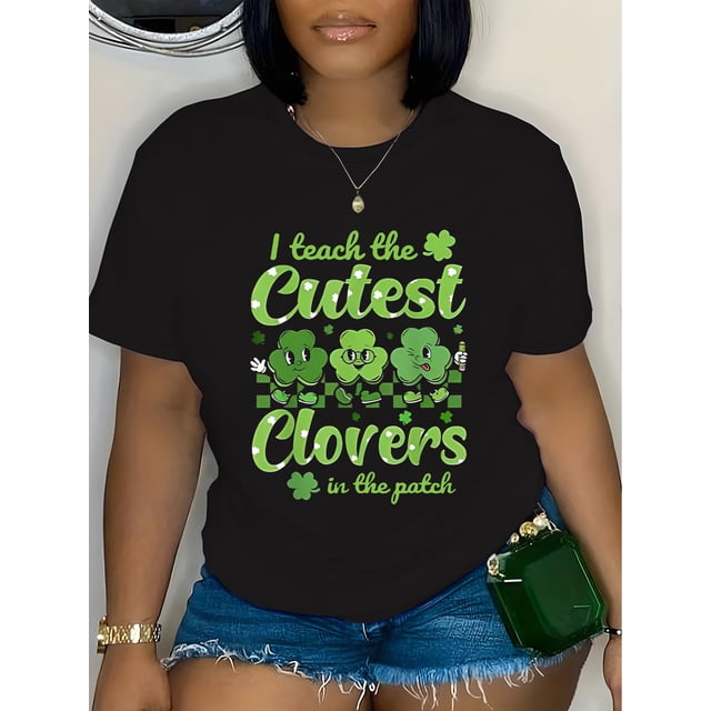 Saint-Patrick's Day T-Shirt - Casual Crew Neck, Short Sleeve, Stretch Knit - Geometric Clover Print Spring/Summer Fashion Top