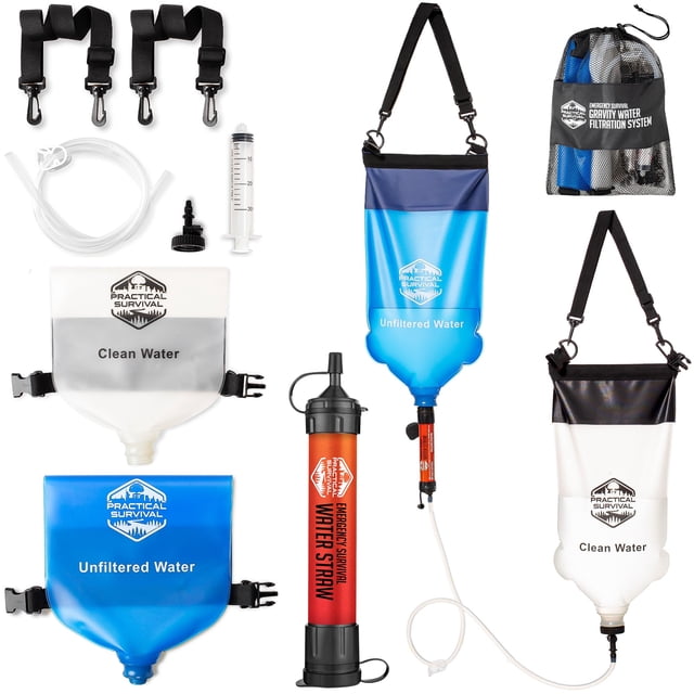 Sistema de filtración de agua por gravedad Practical Survival con 2 bolsas