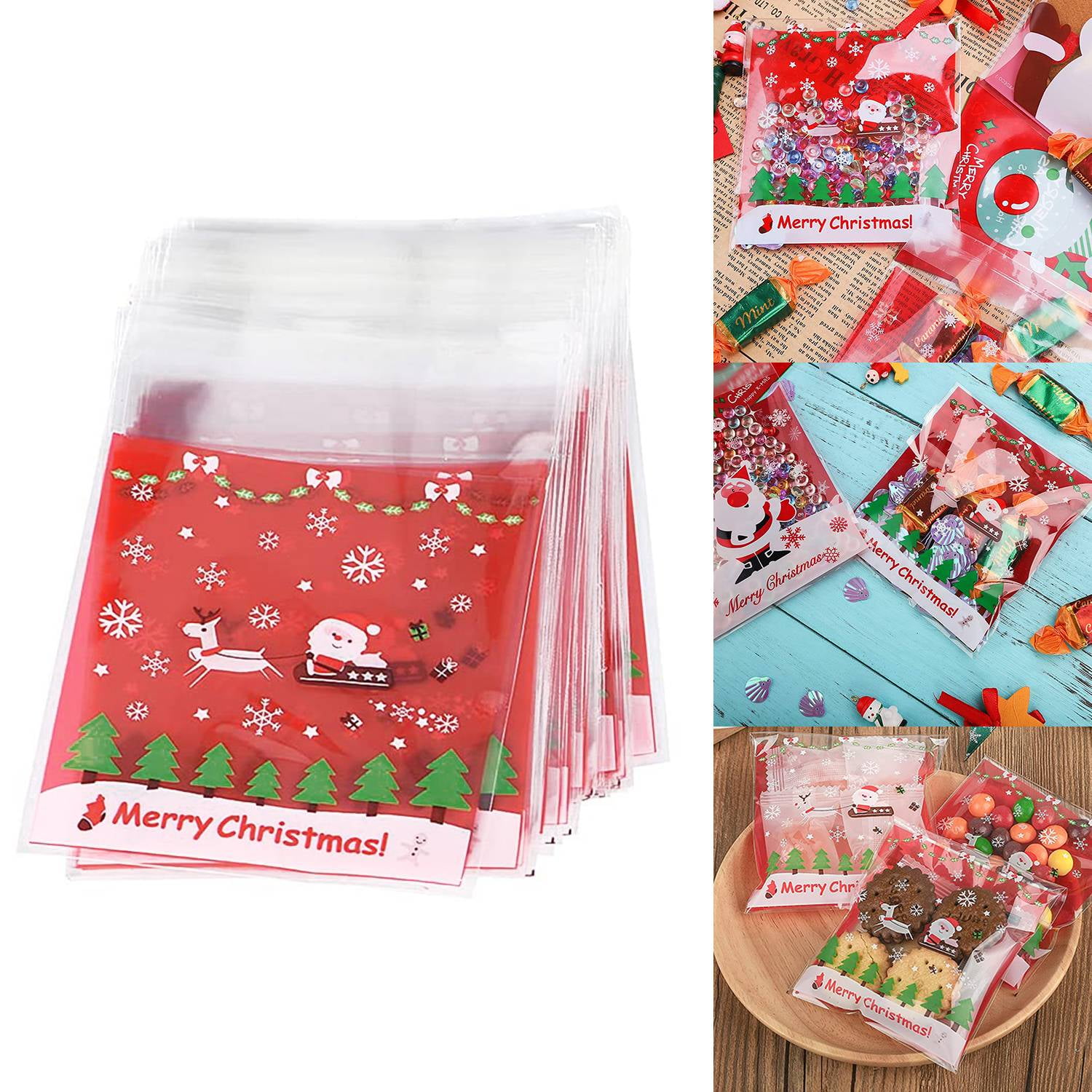 100Pcs Cute Santa Claus Cookie Bag Christmas Cellophane Mobile Shell Bag 10*15+3 
