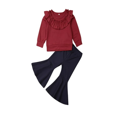 

Fiomva Baby Girl s Solid Two Piece Suit Long Sleeve Ruffled T-Shirt Tops with Bell Bottoms Flare Pants for Daily Casual Wear